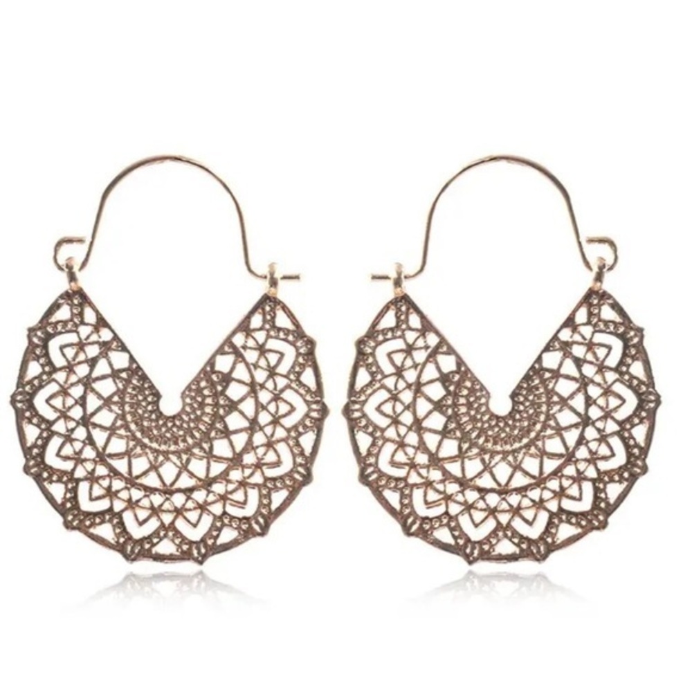 Copper color alloy 1 3/4” long BOHO Tribal geometric lines lightweight earrings